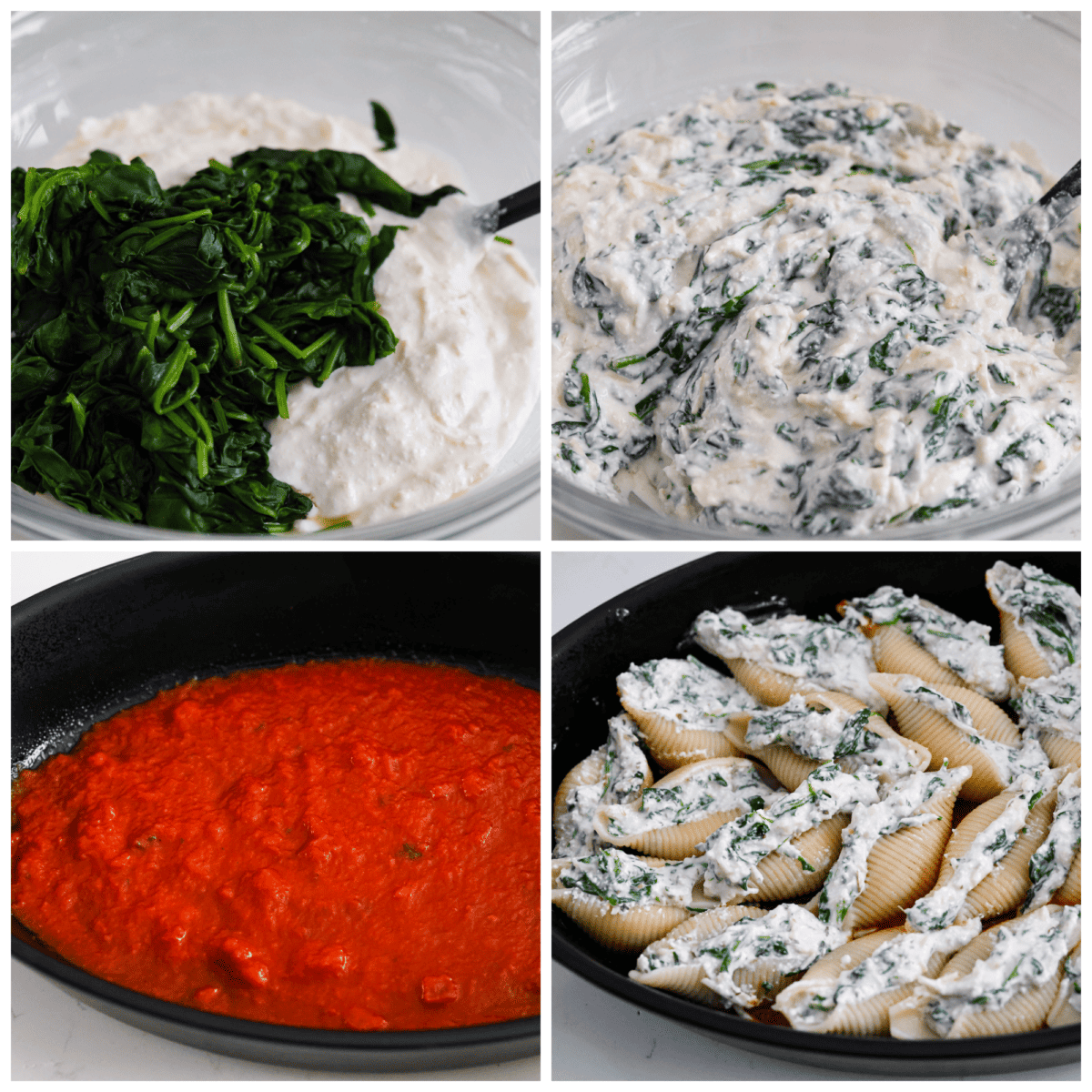 4-photo collage of the filling mixture and pasta sauce being prepared.