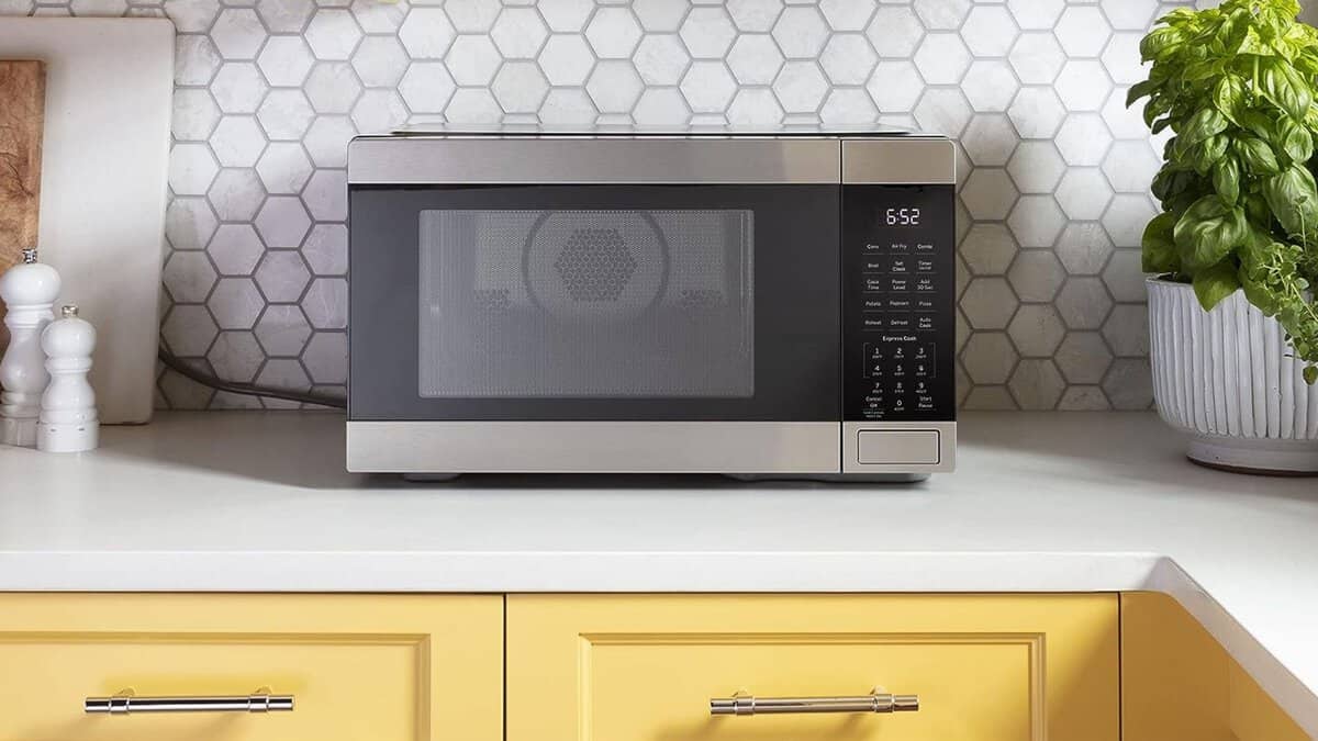 A picture of a microwave on a countertop. 