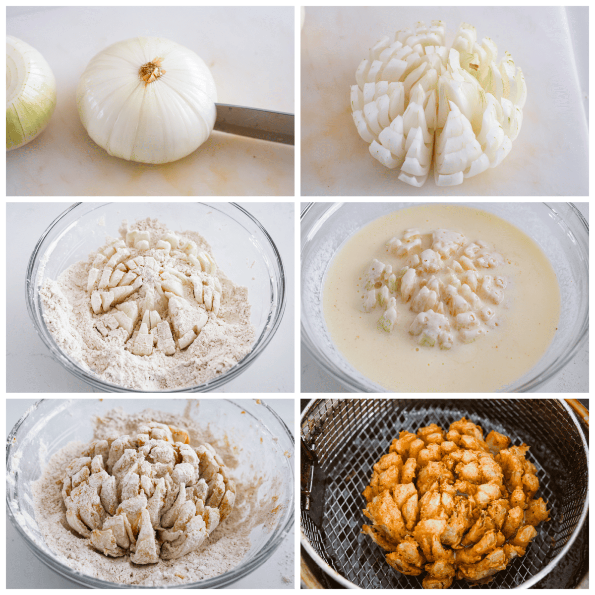 A sweet onion being cut, breaded, and fried.