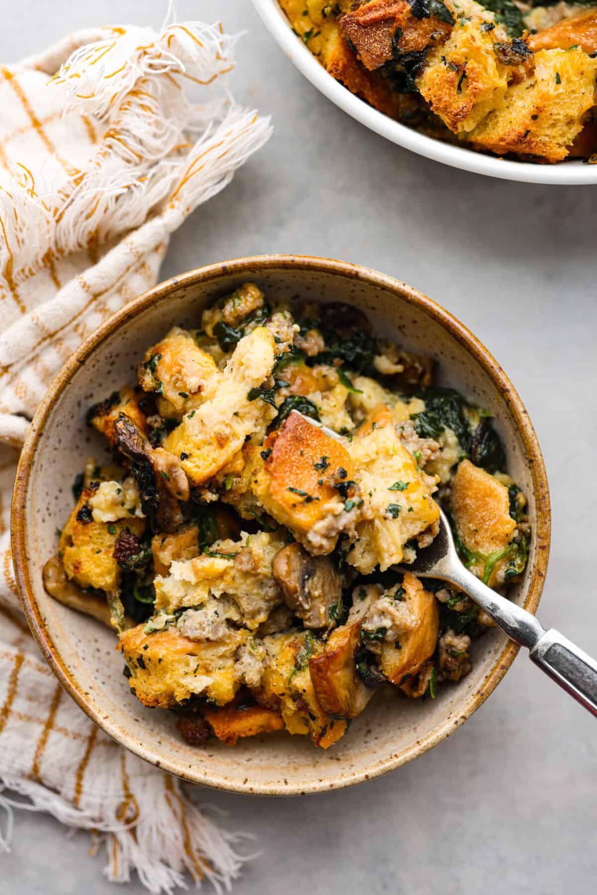 Overhead shot of plated breakfast strata. 