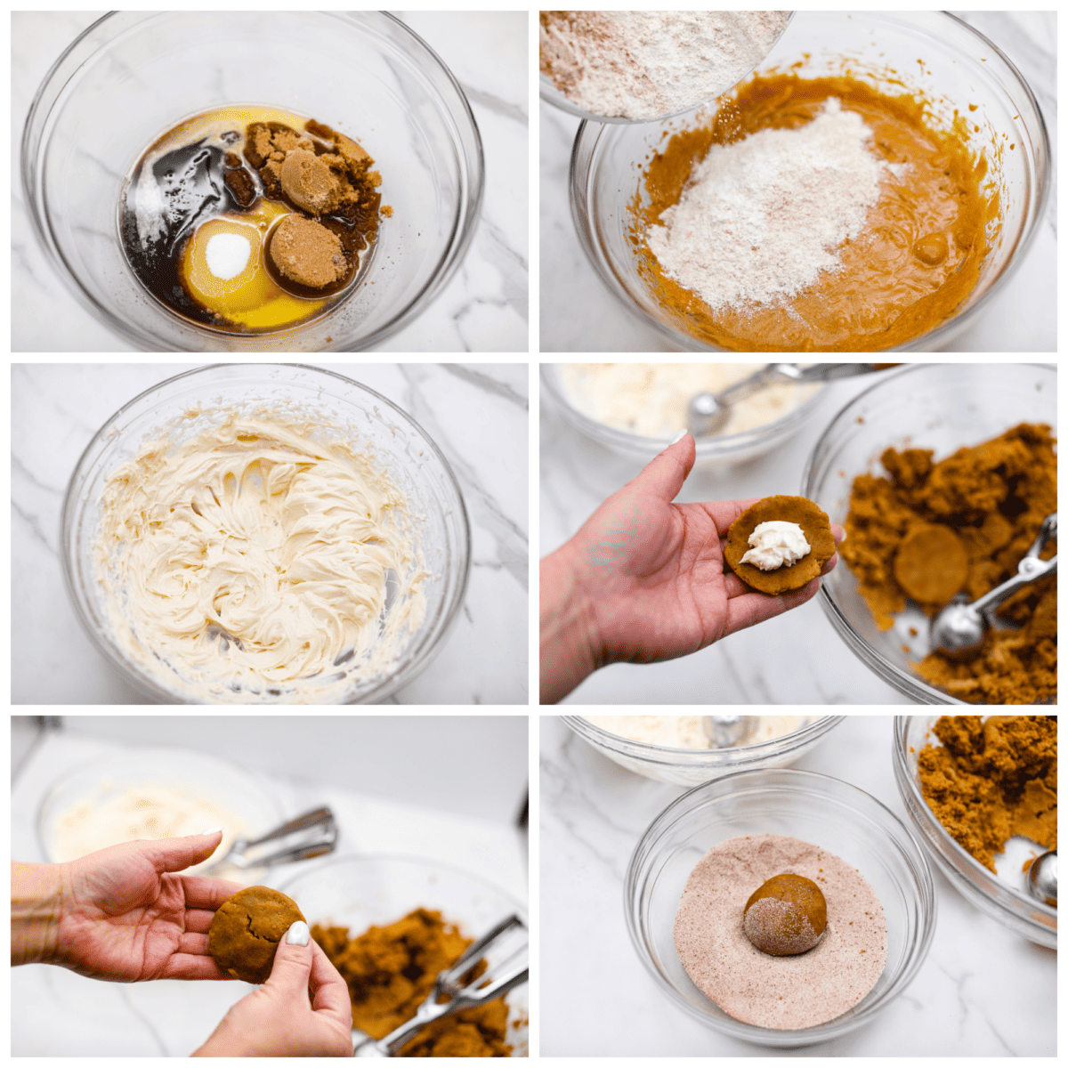 6-photo collage of the filling and cookie dough being prepared.