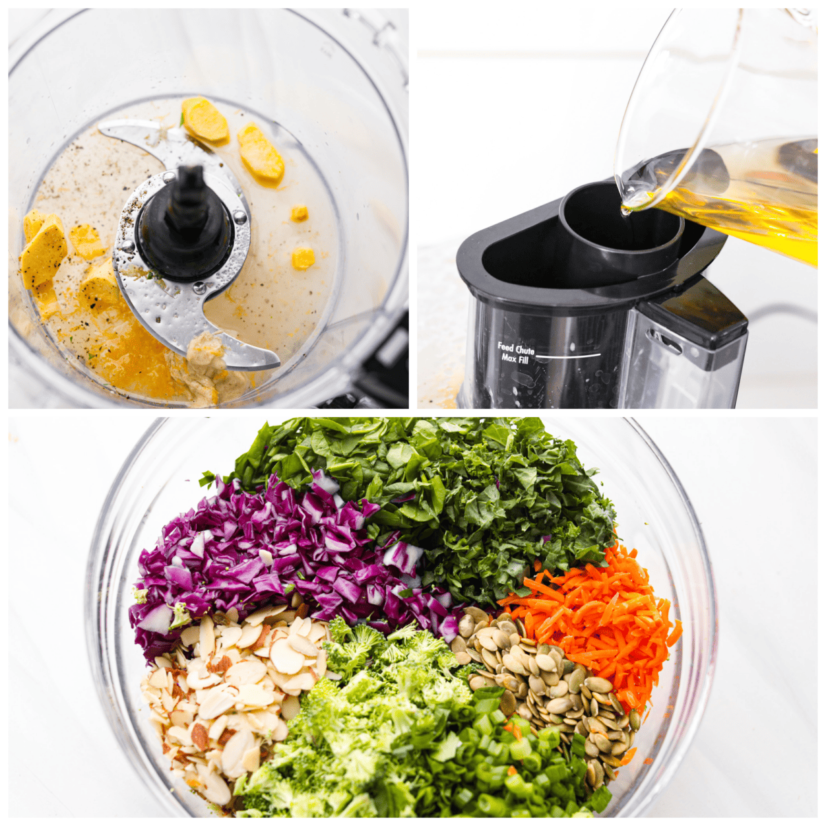 First photo of the vinaigrette ingredients in a food processor. Second photo of the olive oil blending into the vinaigrette. Third photo of the salad ingredients in a bowl.