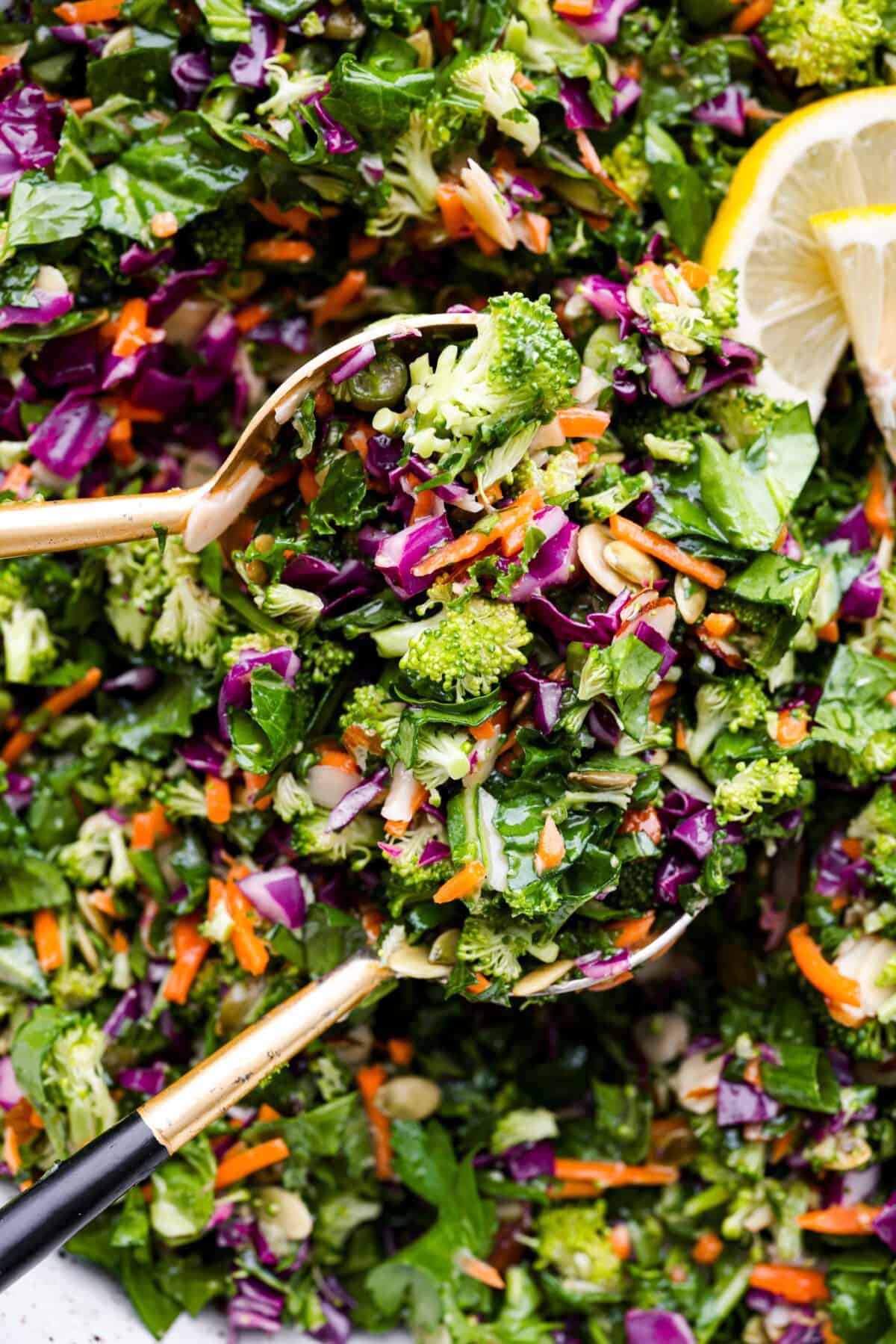 Close view of serving spoons lifting up a scoop of salad. 