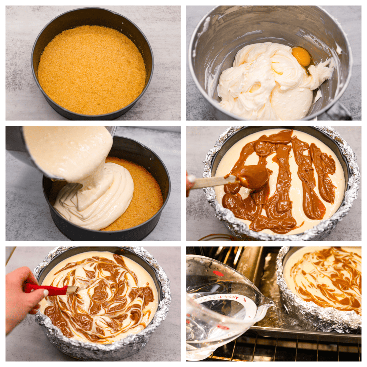 6-photo collage of cheesecake filling and dulce de leche being added to a graham cracker crust.