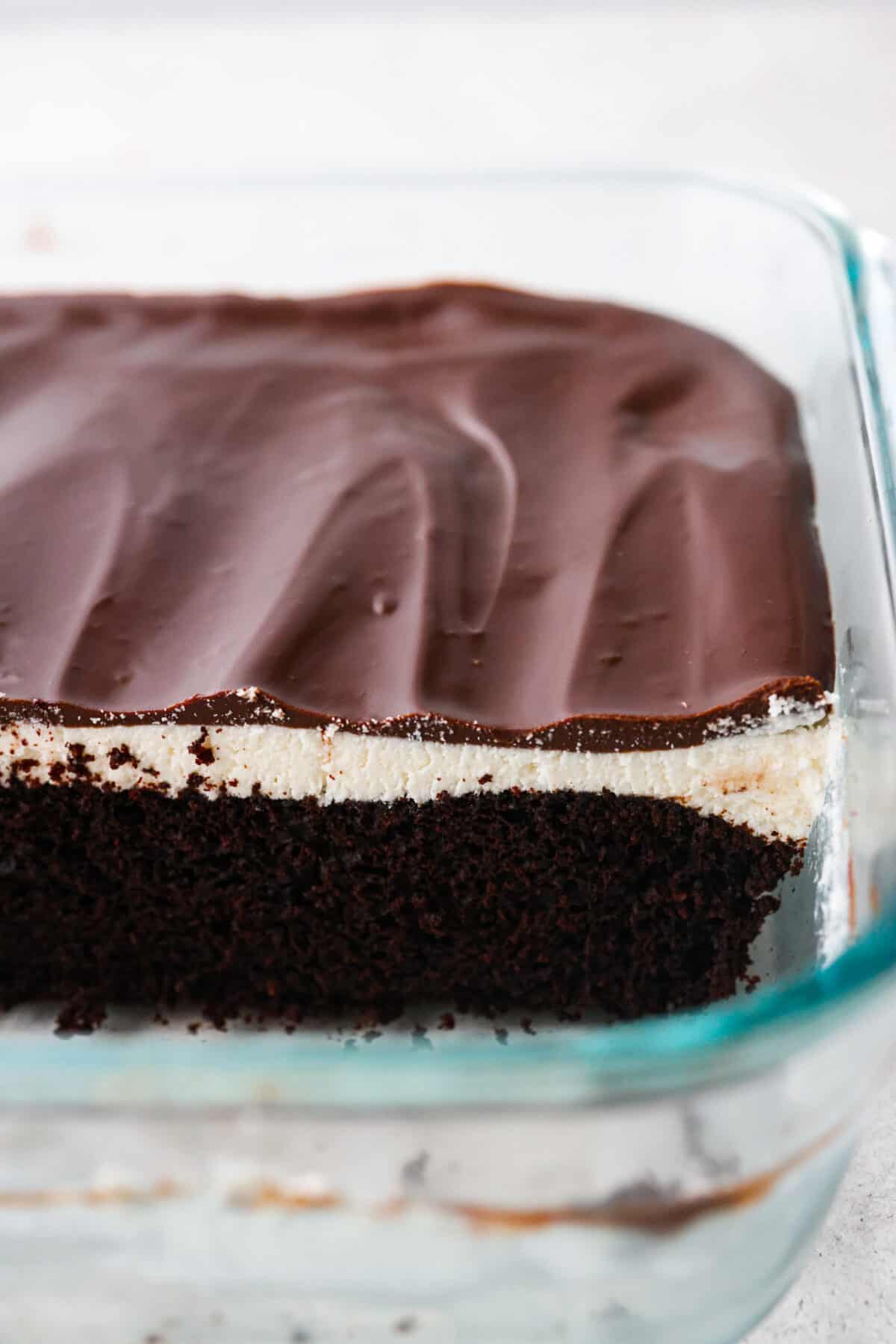 Close view of the cake layers showing in the pan.