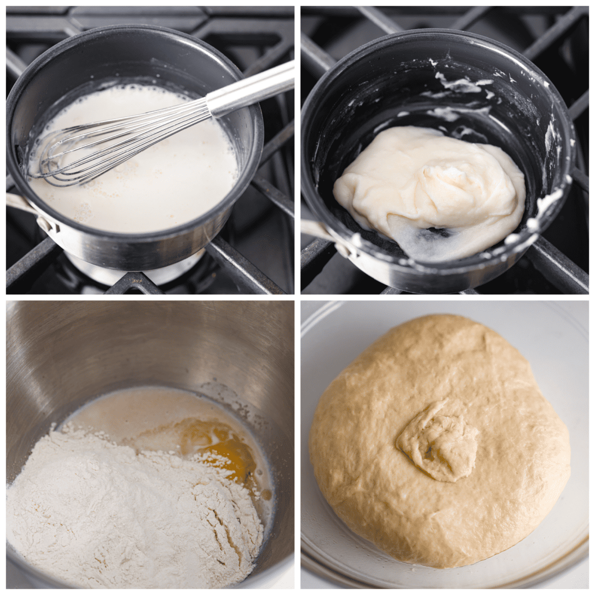 4-photo collage of the tangzhong and dough being prepared.