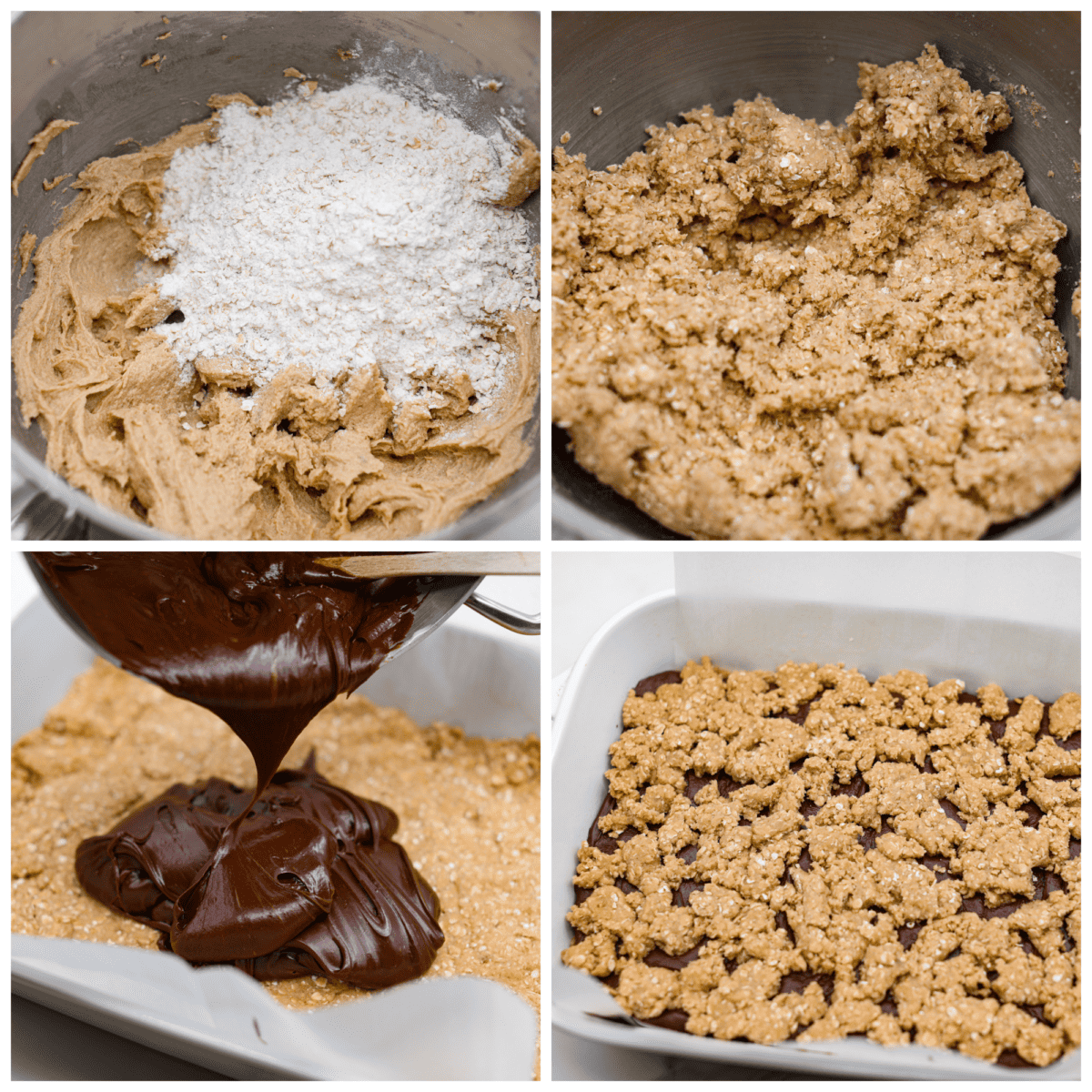 First photo of the dry ingredients added to the wet ingredients in a mixing bowl. Second photo of the mixed oatmeal cookie dough. Third photo of the fudge pouring on the cookie base. Fourth photo of the top layer of cookie dough scattered on the fudge. 