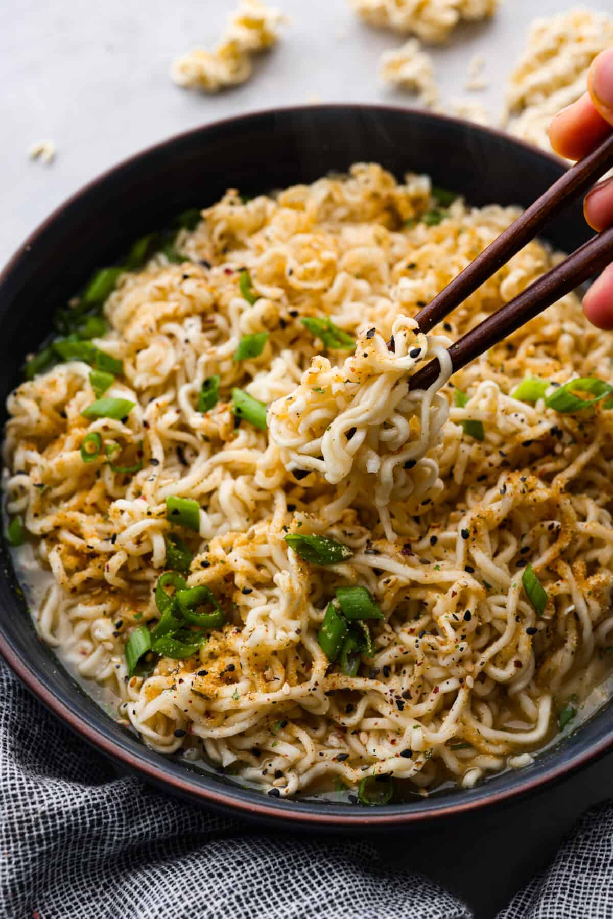 Closeup of cooked ramen noodles.