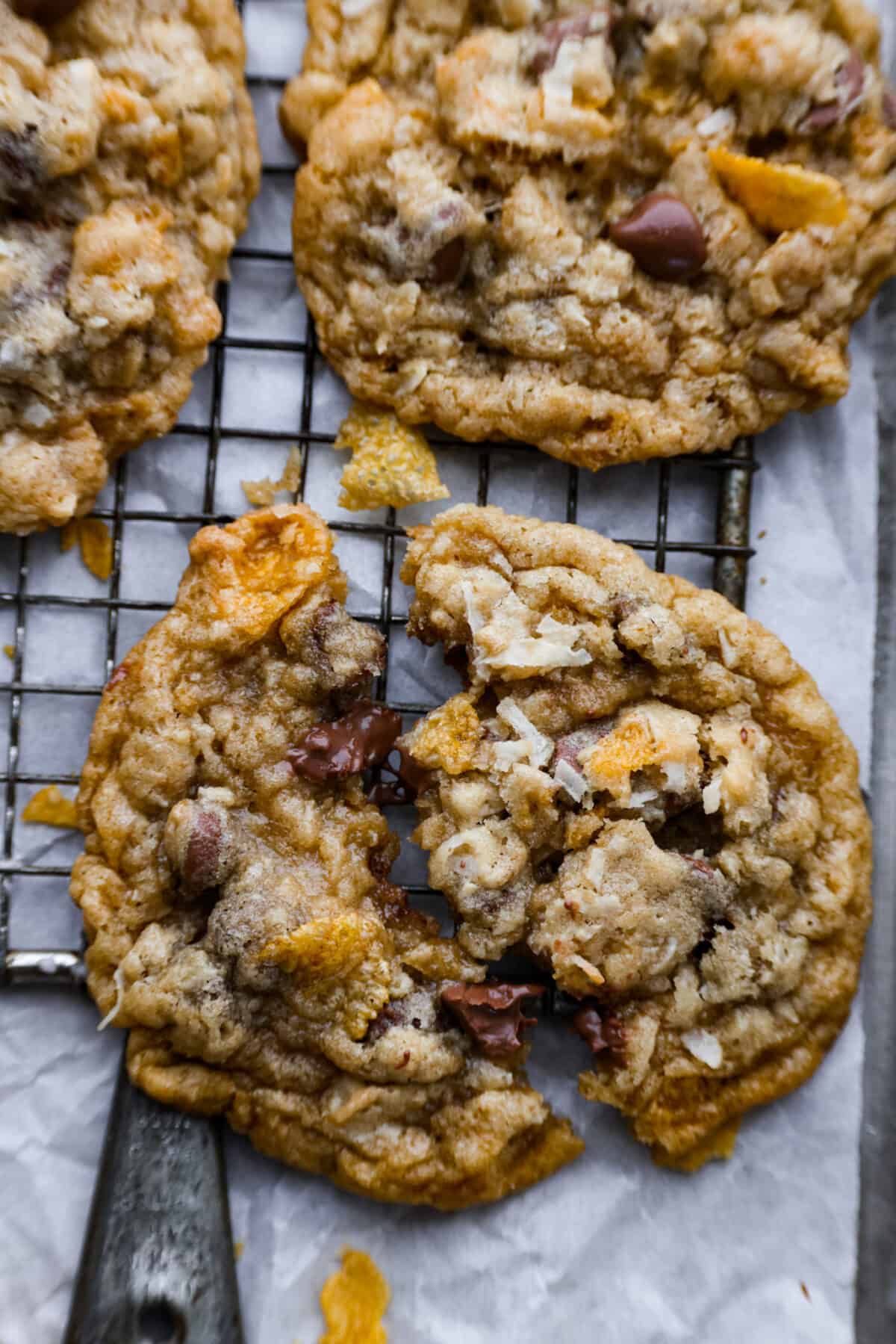 Closeup of a cookie broken in half.