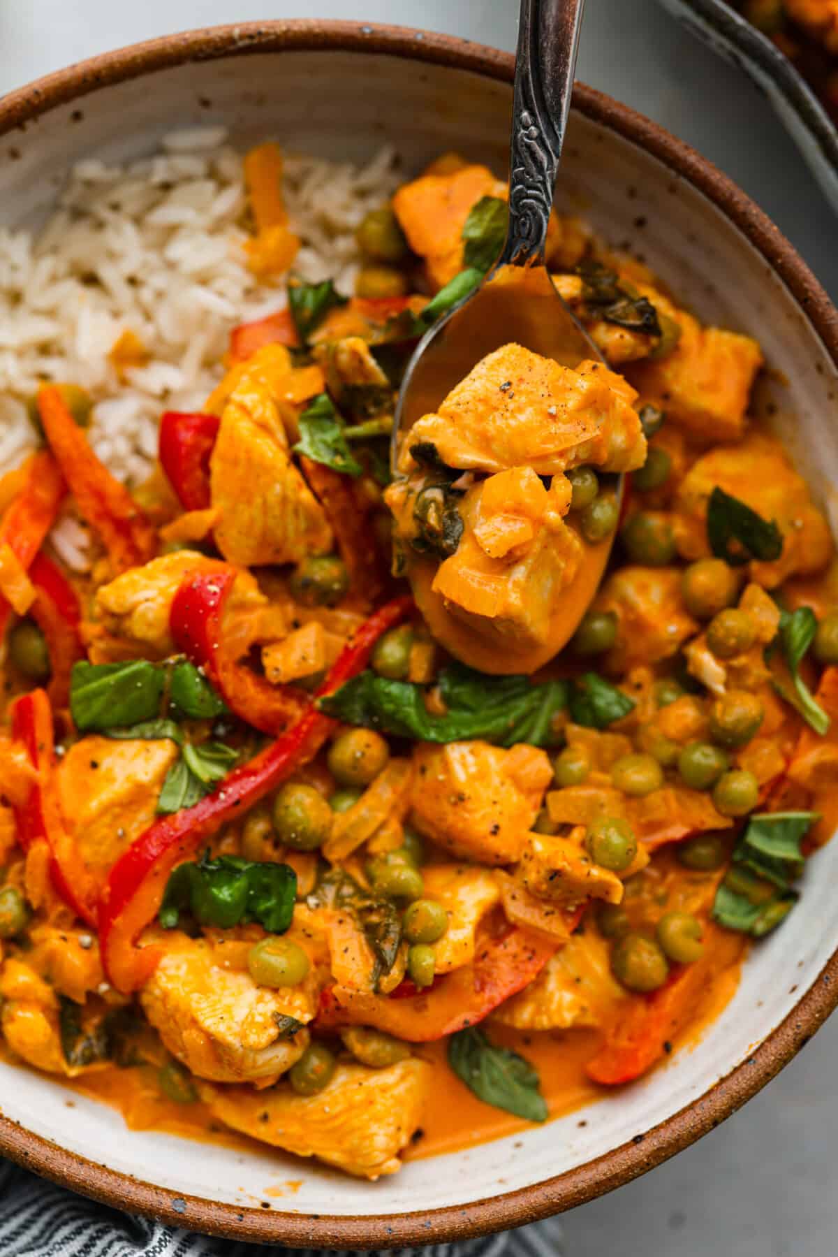 Closeup of a spoonful of red curry.