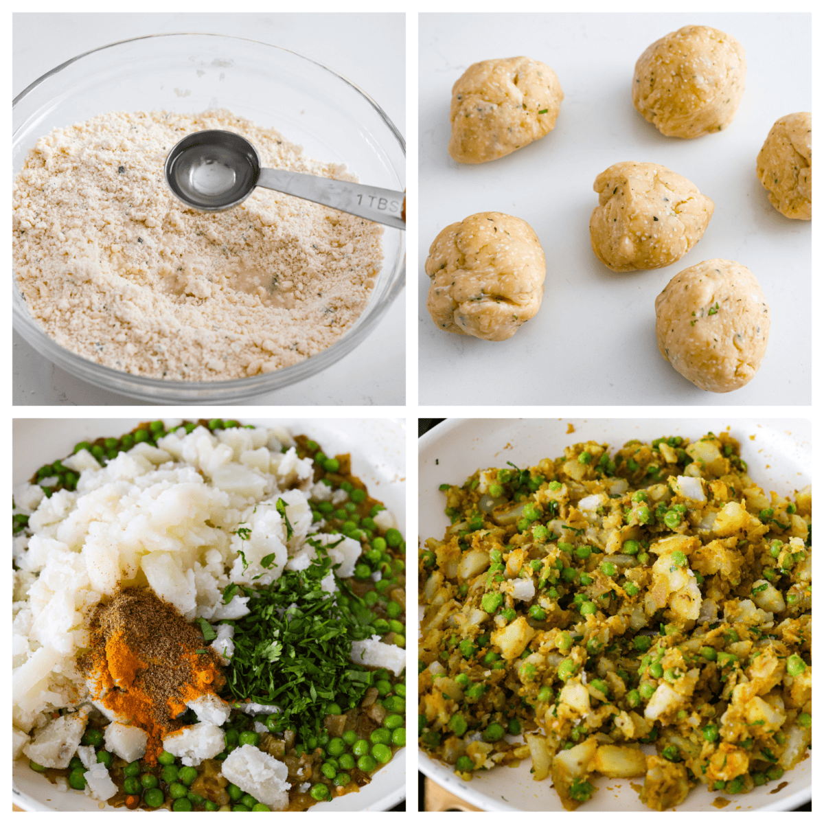 4-photo collage of the dough and filling being prepared.