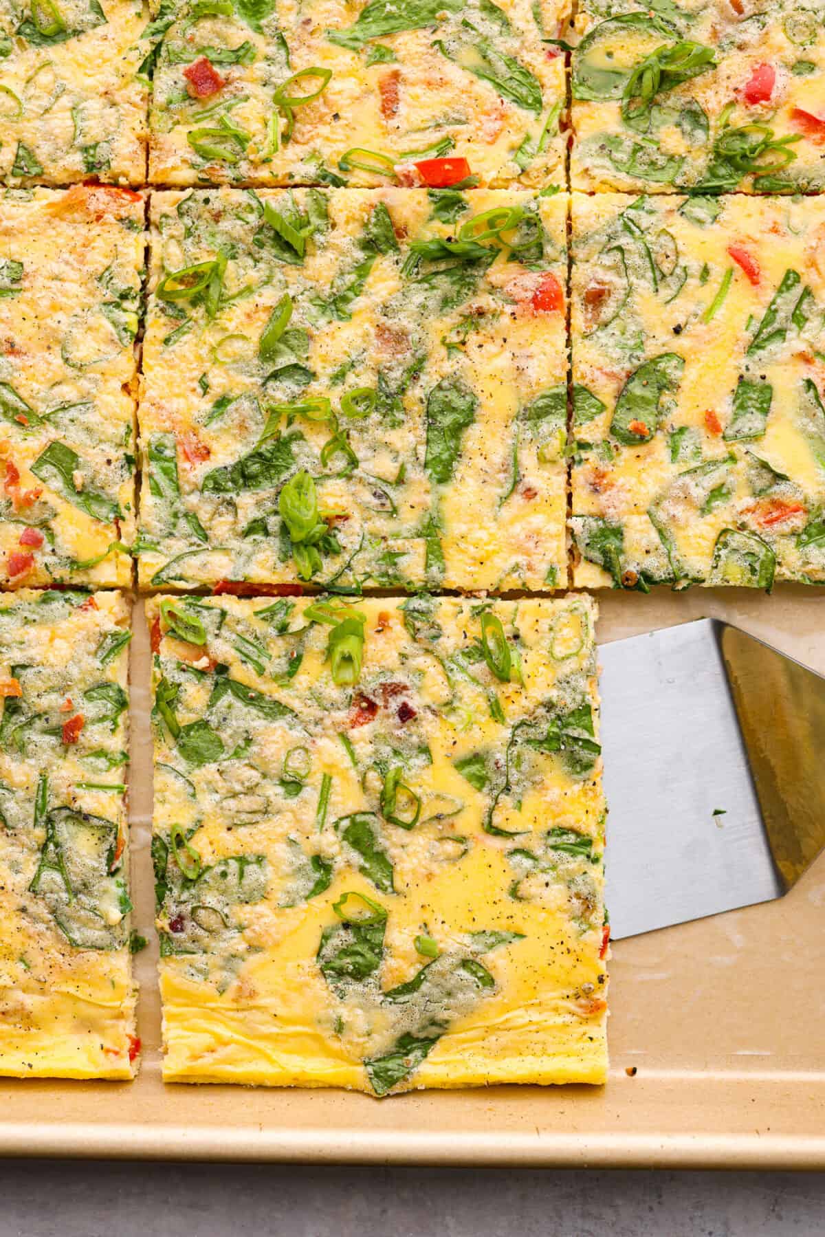 Sheet pan eggs, cut into squares.