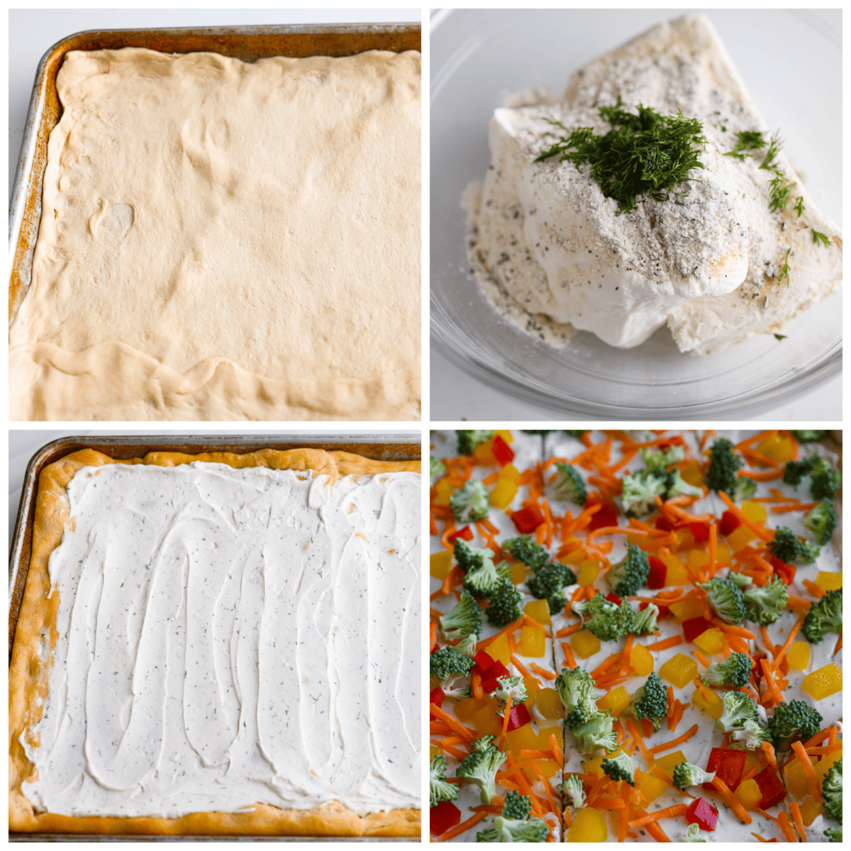 4-photo collage of the crescent dough crust, ranch spread, and pizza toppings being prepared.