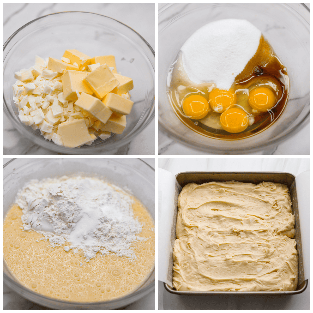 4-photo collage of the brownie batter being mixed up and added to a pan.