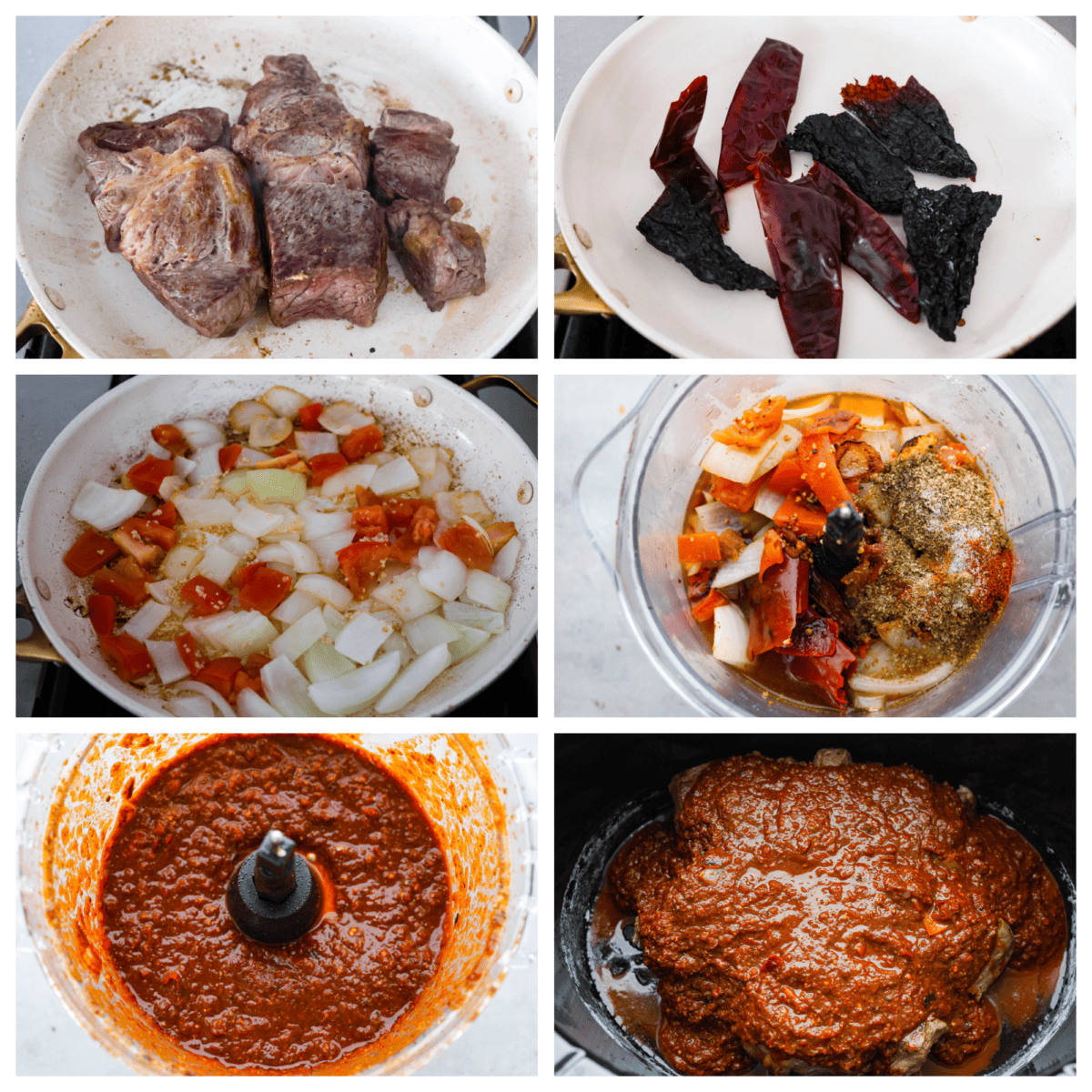 Collage of the beef and broth being prepared for birria ramen.