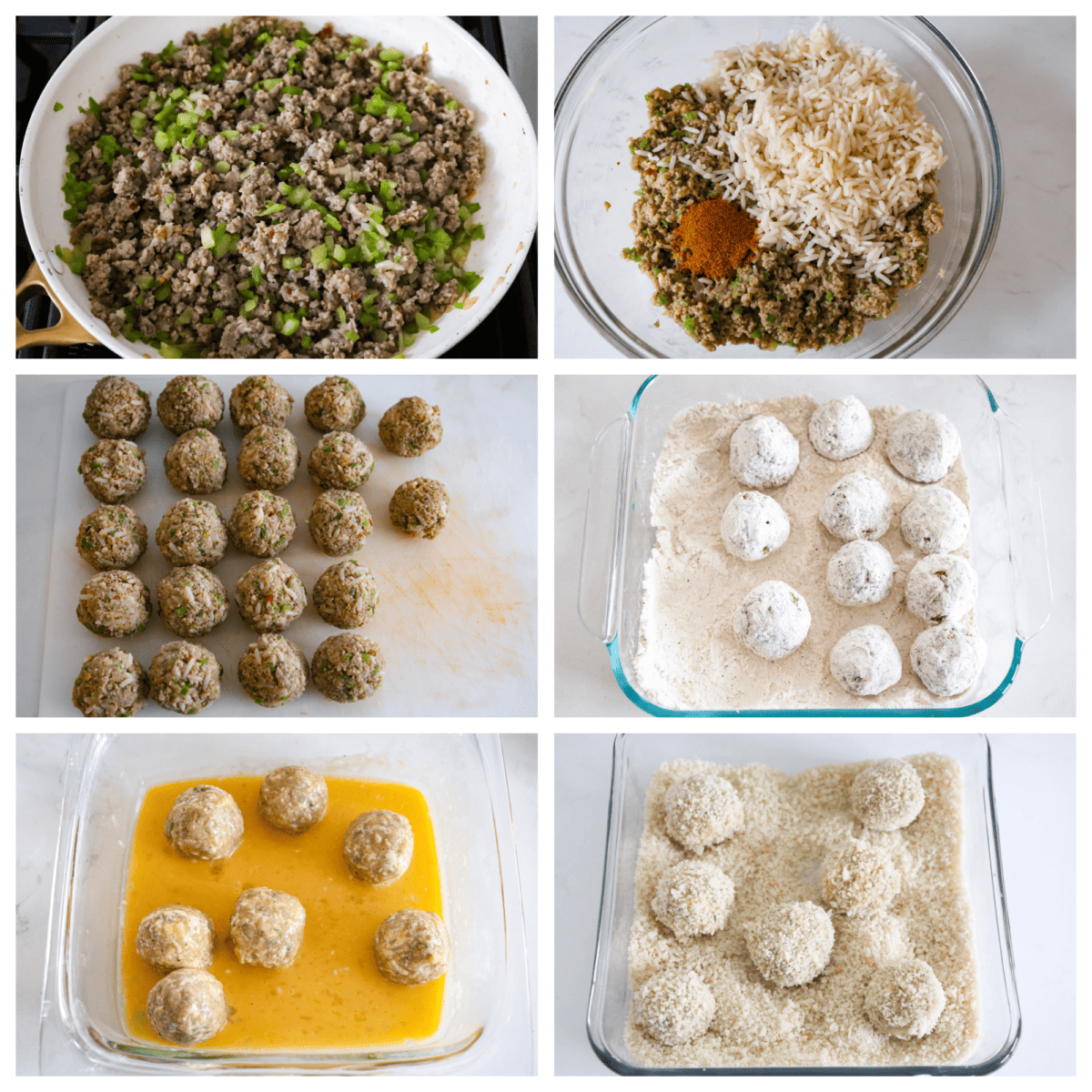 Set of six process shots showing detailed images of cooking the sausage and veggies, making the balls, dredging them in flour, egg mixture and bread crumbs. 