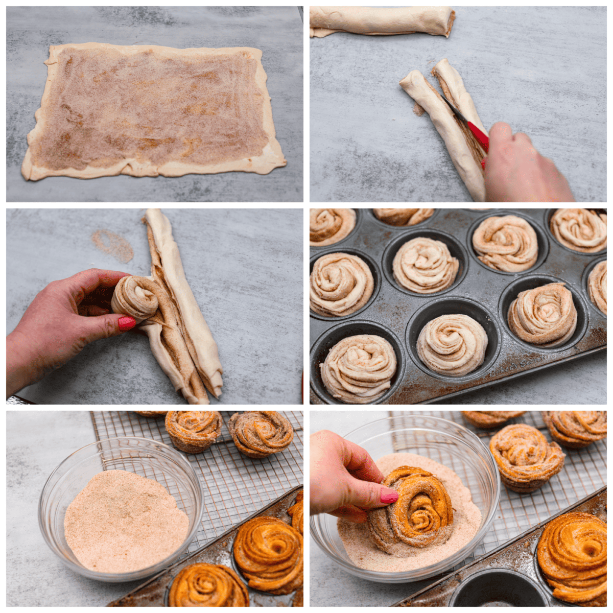 The croissant dough being filled with a cinnamon sugar mixture, rolled, added to a muffin pan, then baked.