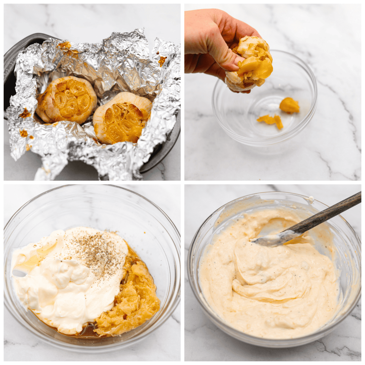 First photo of roasted garlic in a foil lined pan. Second photo of squeezing the garlic. Third photo of the ingredients added to the bowl of roasted garlic. Fourth photo of the donkey sauce mixed in a glass bowl.