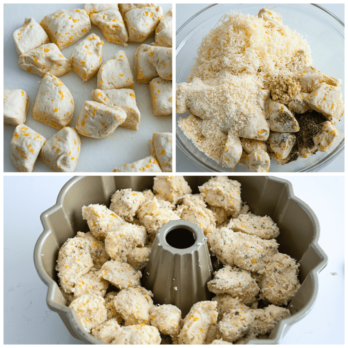 The biscuit dough being coated in a cheesy coating and added to a bundt pan.