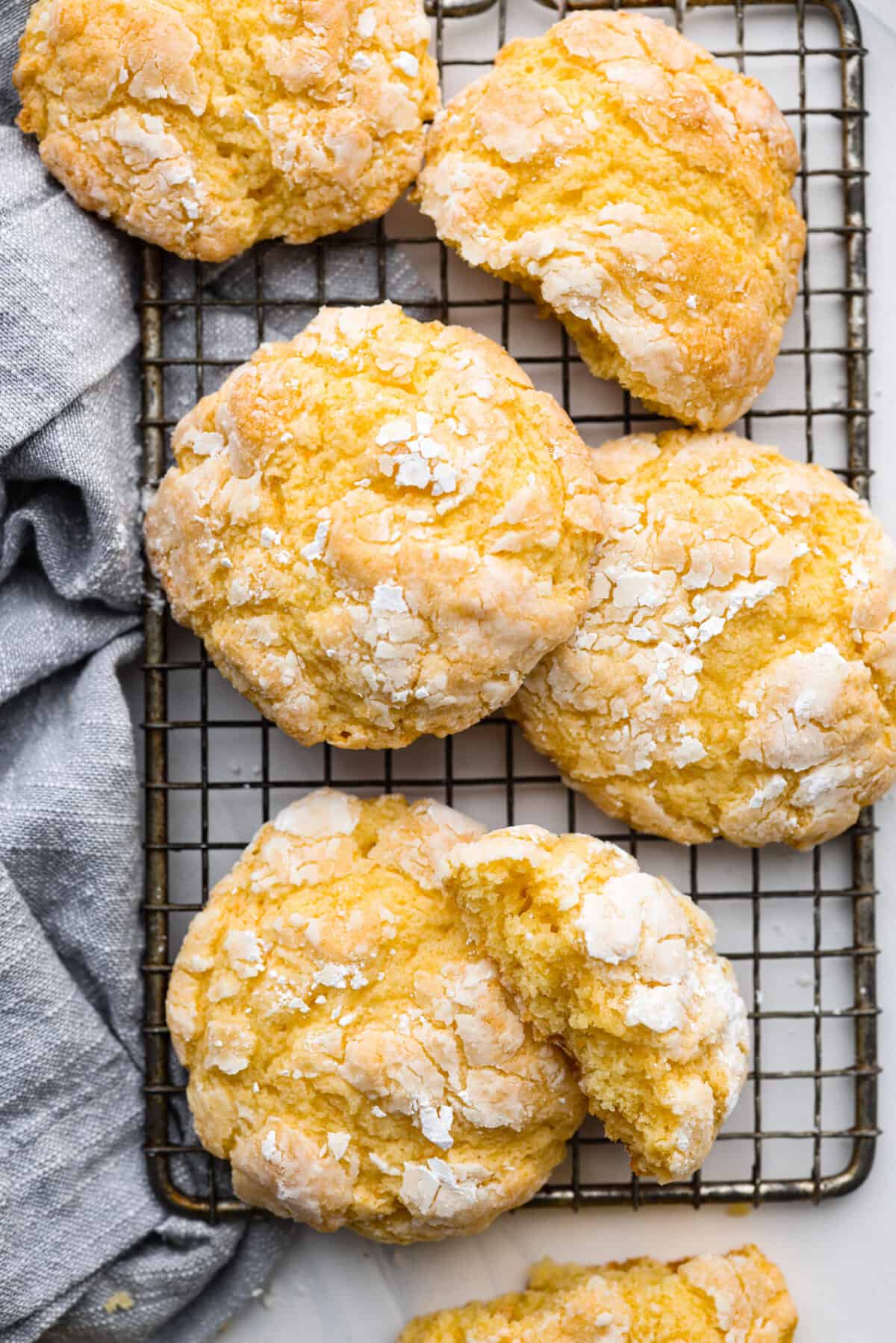 Top-down view of butter cookies on a wire rack.