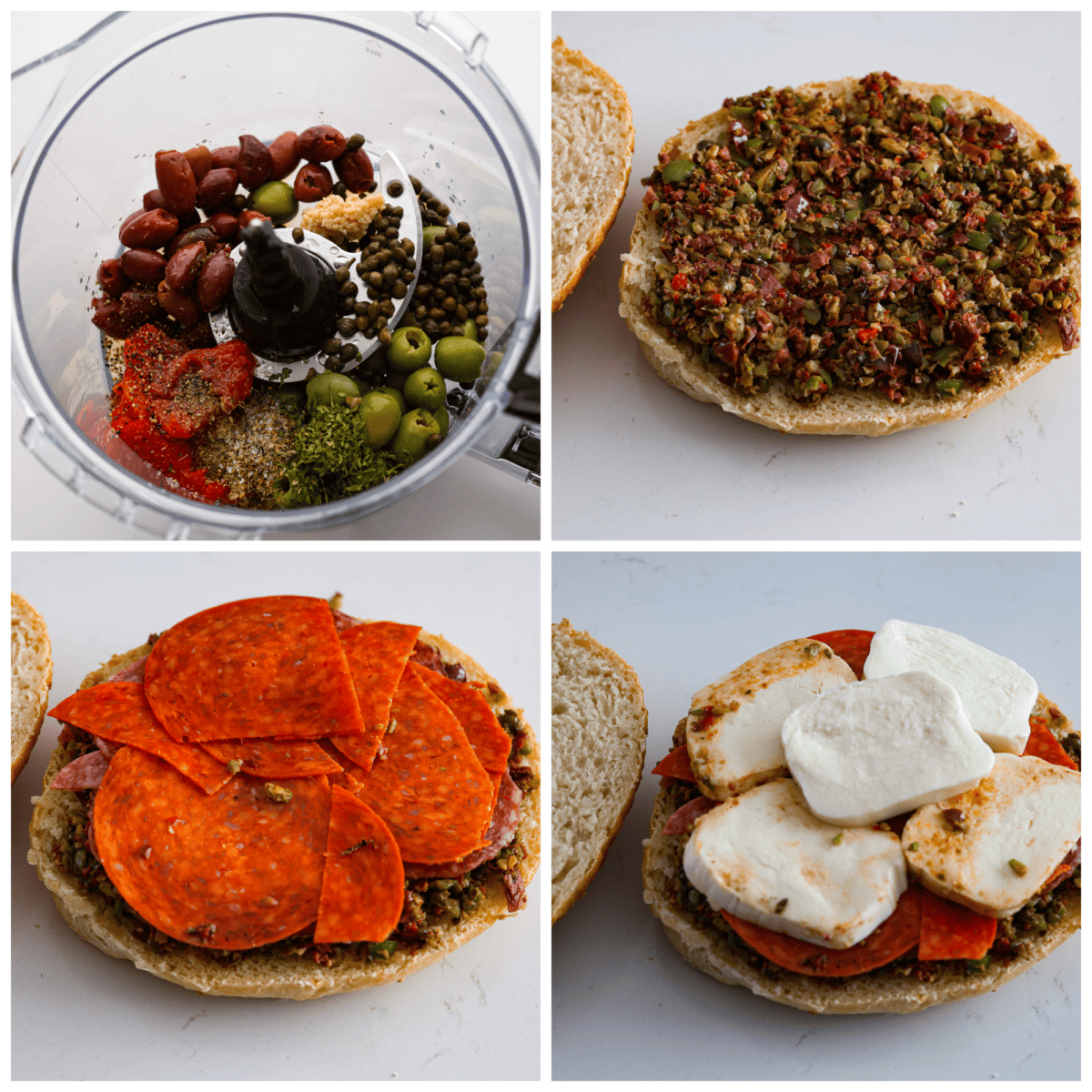 4-photo collage of the olive spread and sandwich being prepared.