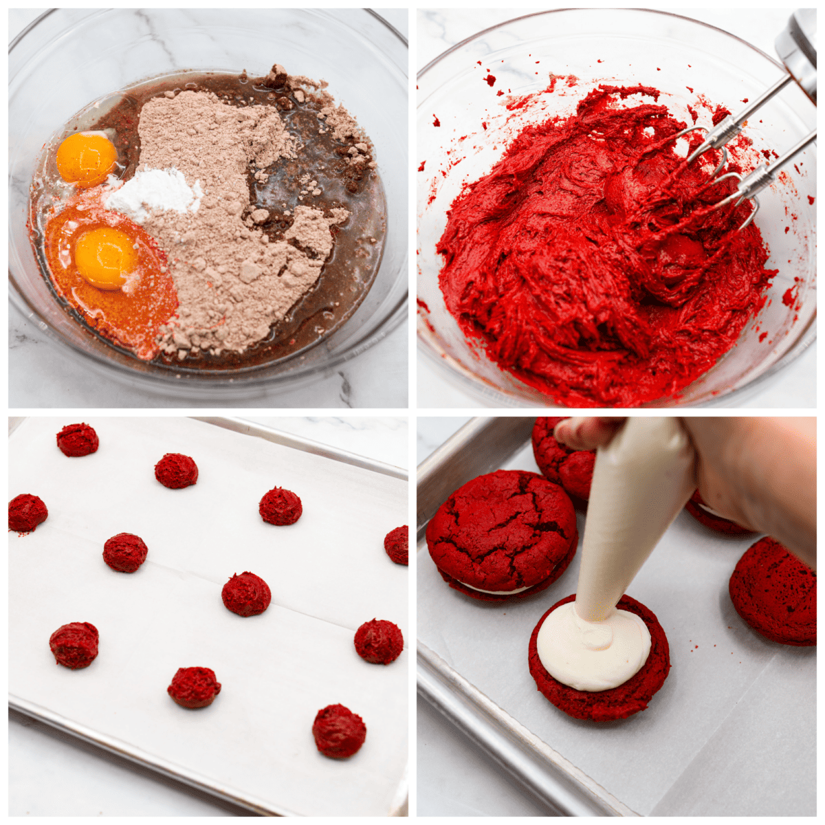 First process photo of the cake mix, oil, eggs, and baking powder in a bowl. Second process photo of the cookie batter mixed. Third process photo of the dough scooped on a cookie sheet. Fourth process photo of the frosting added to a cookie.