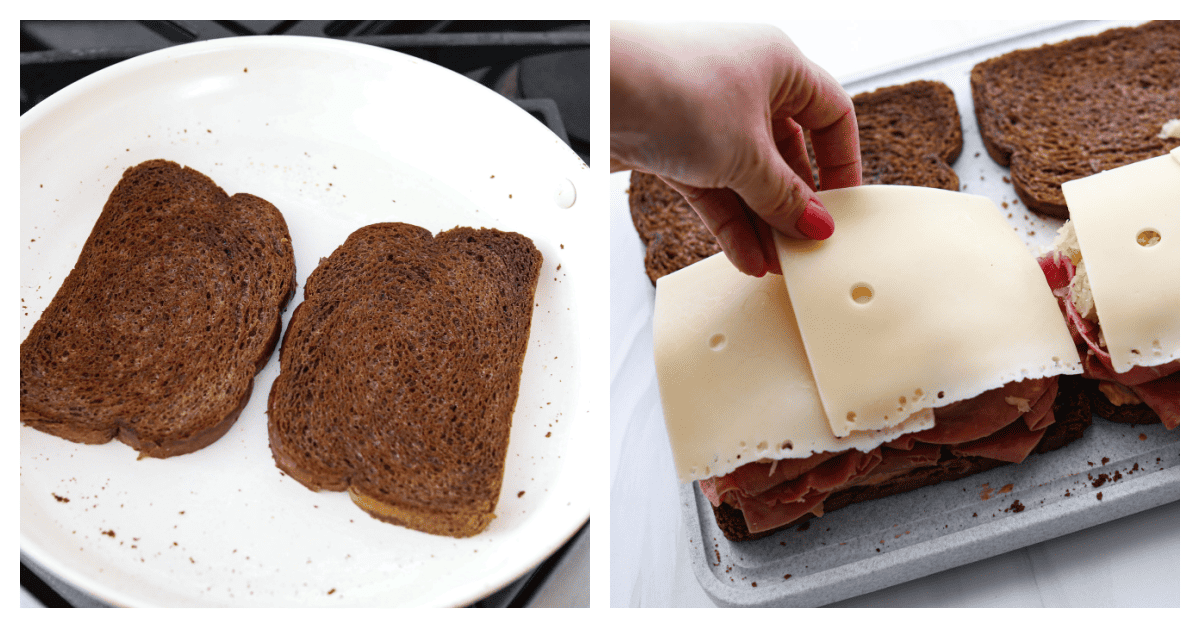 2-photo collage of the sandwich being assembled.