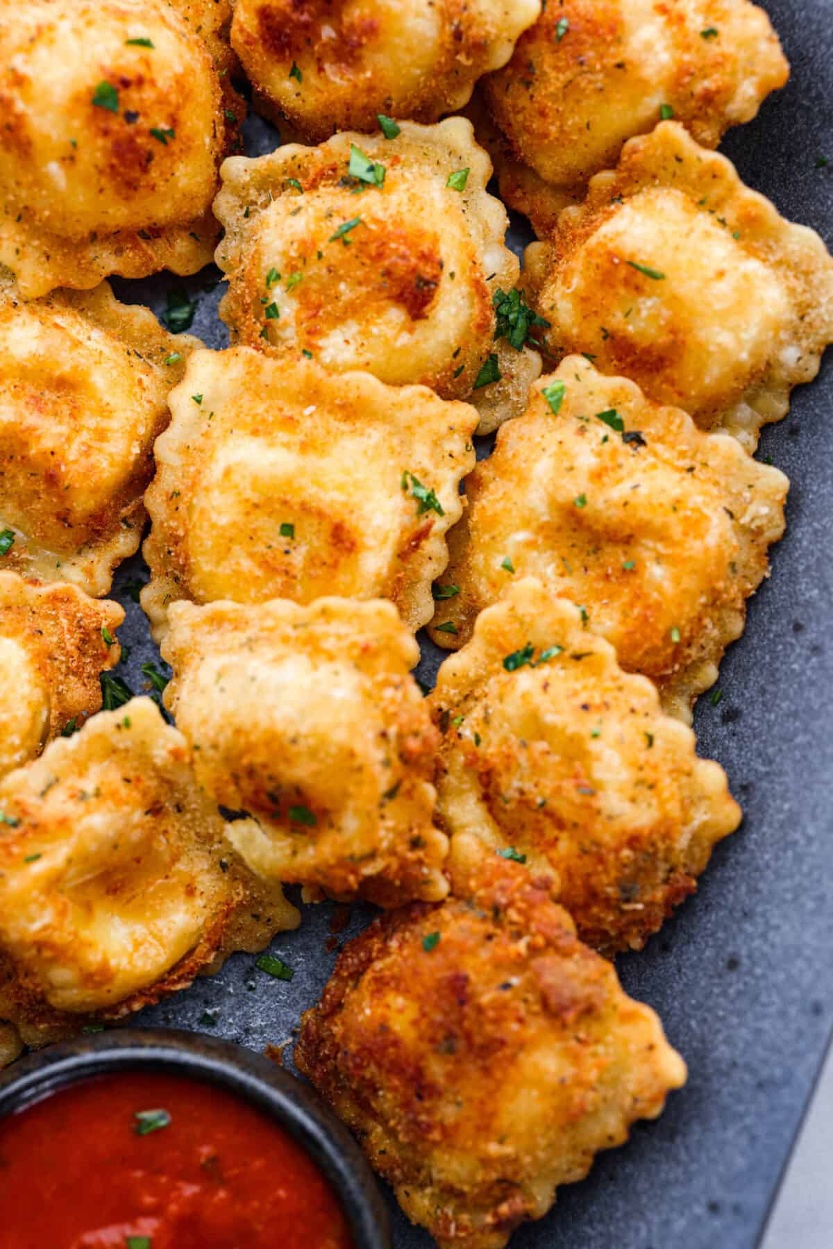 Close-up of toasted ravioli.