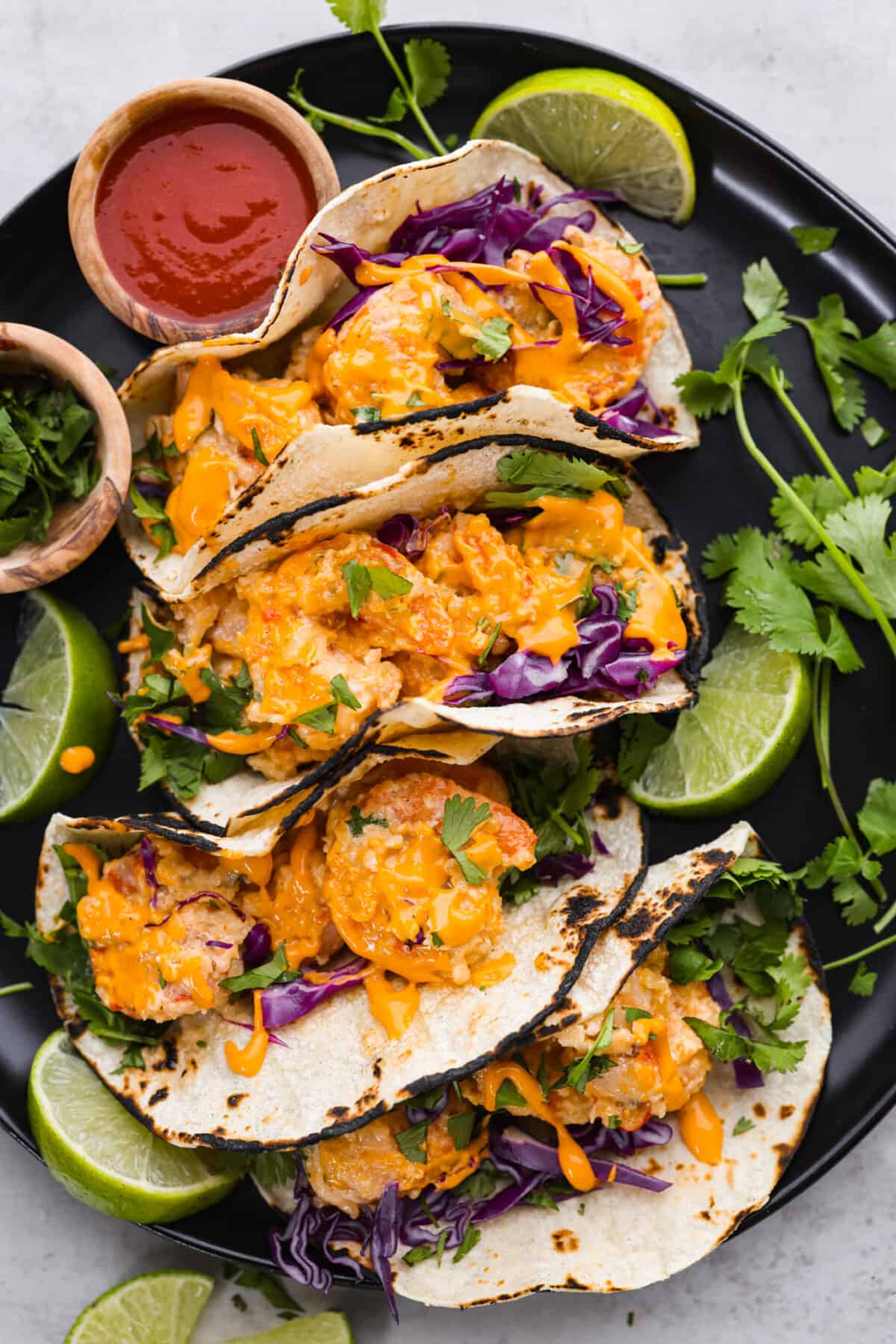 Bang Bang Shrimp Tacos on a plate. 