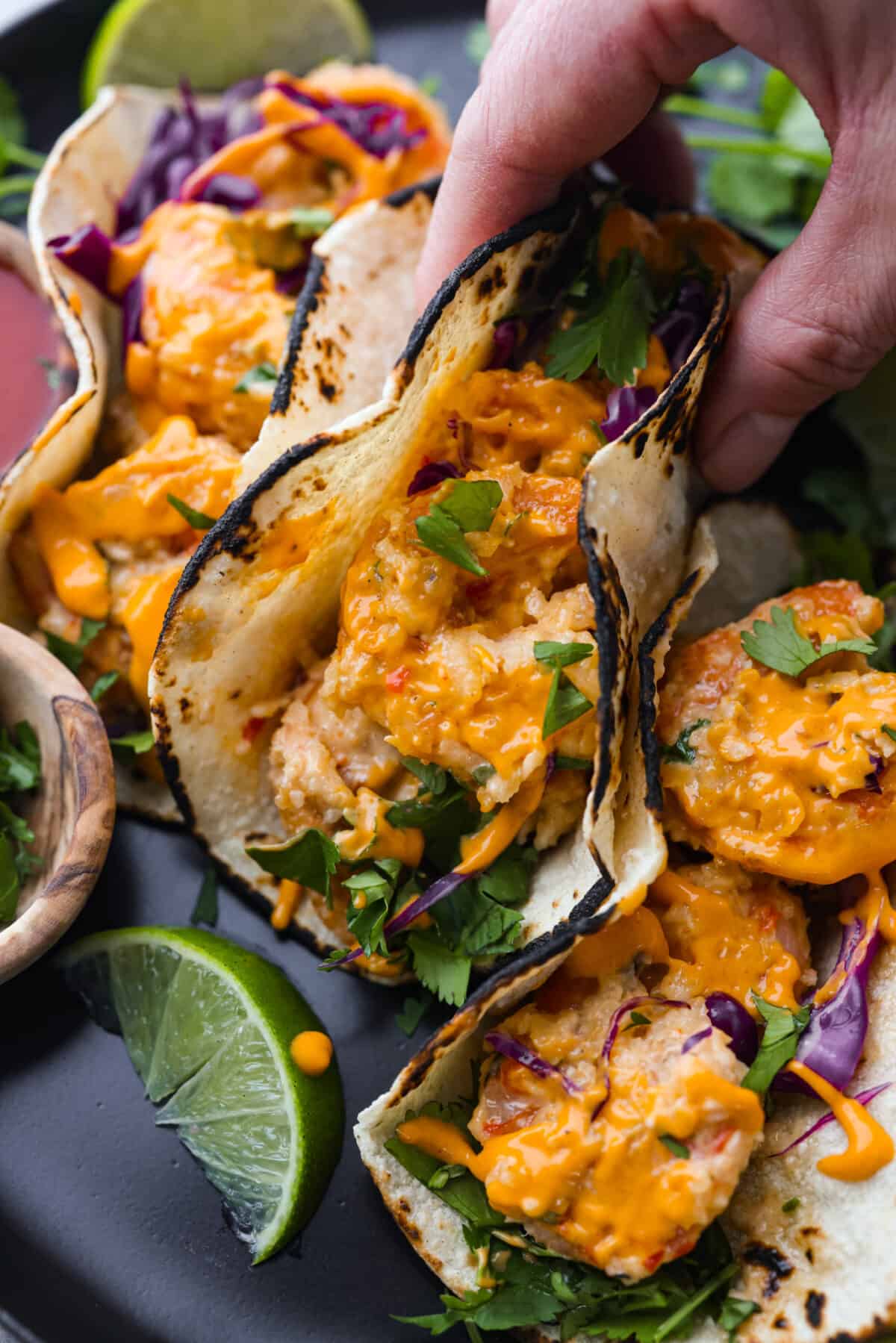 A hand holding a bang bang shrimp taco. 