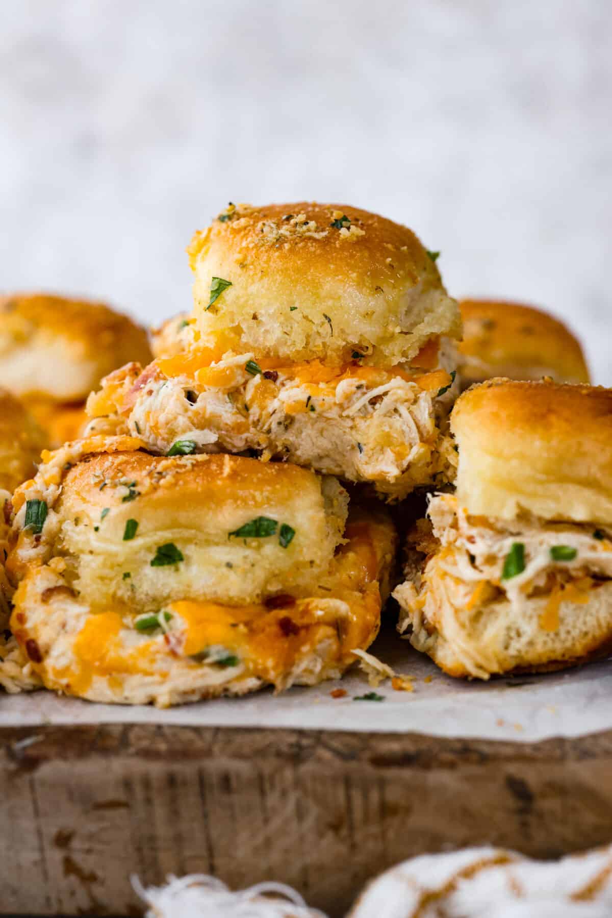 A stack of crack chicken sliders. 