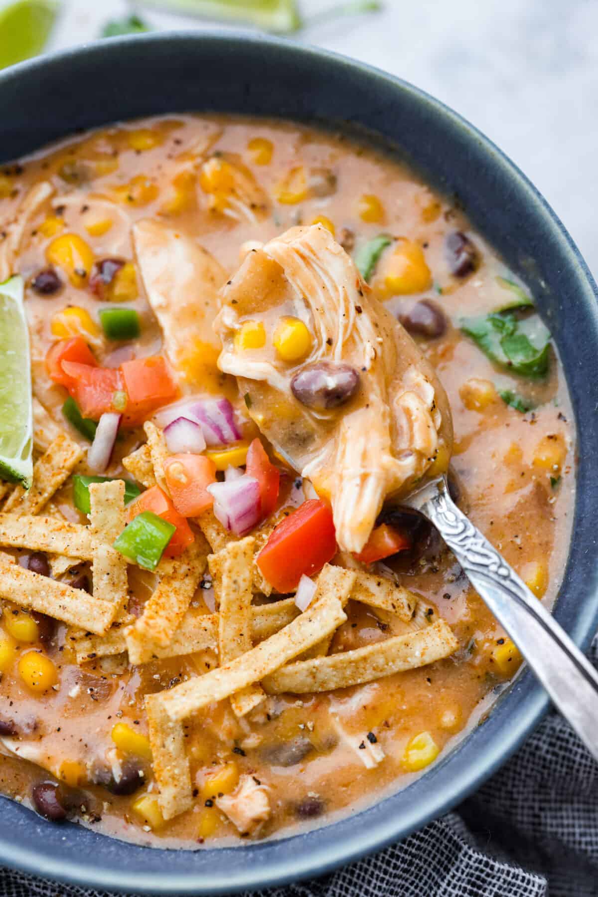 Close-up of the soup in a gray bowl.