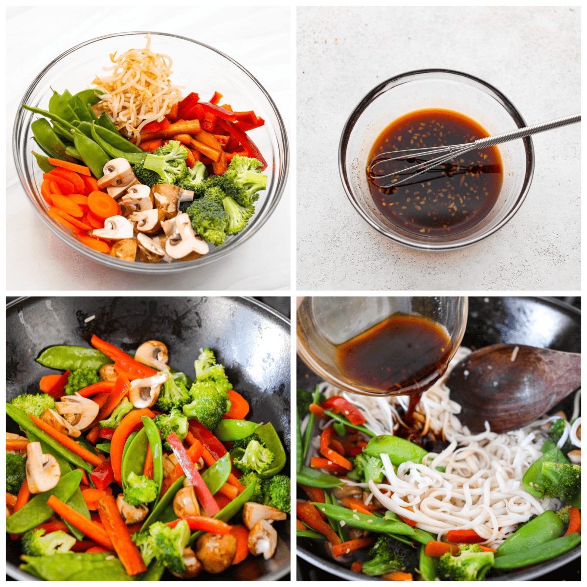 4-photo collage of the vegetables being prepared and combined with the sauce and noodles.