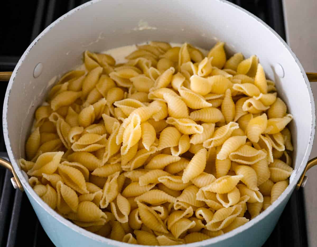 Cooked pasta shells being added to the cheese mixture