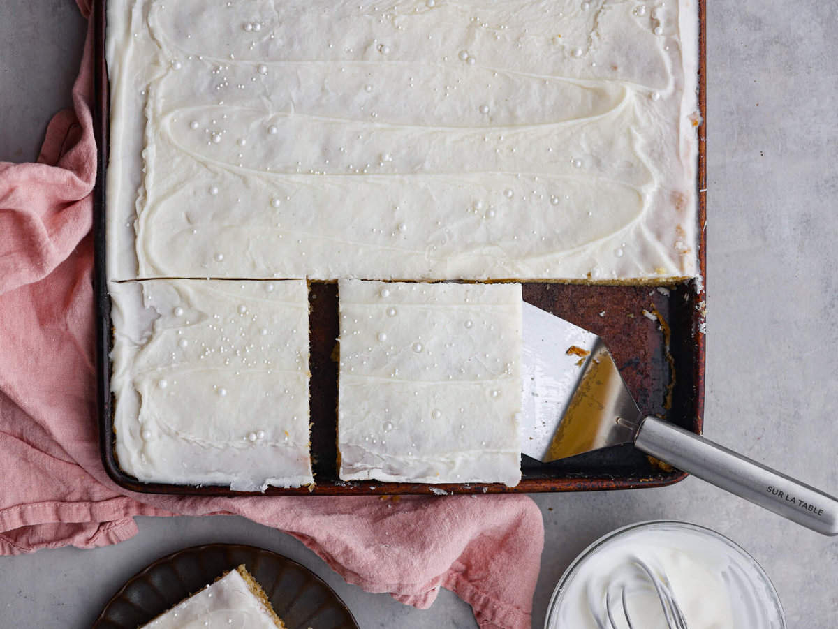 The top view of cookie bars in a sheet pan. 