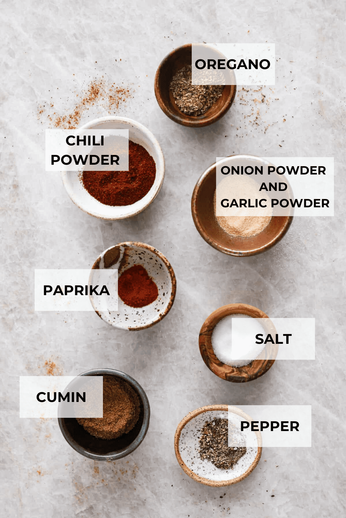 The top view of ingredients, each in separate bowls and labeled with what is in them. 