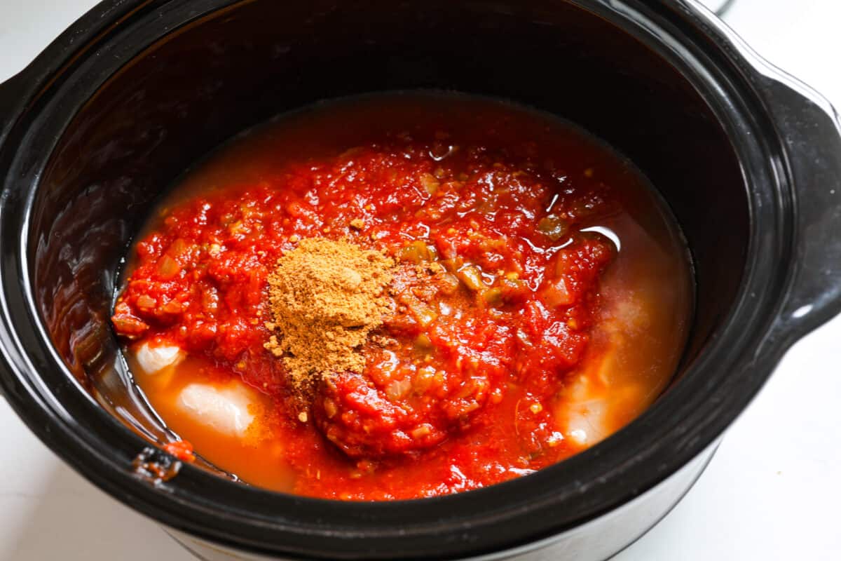 Ingredients added to the slow cooker.