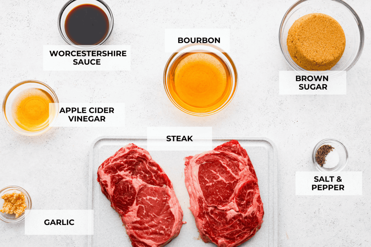 A top view of all of the ingredients individually laid out on a counter and labeled. 