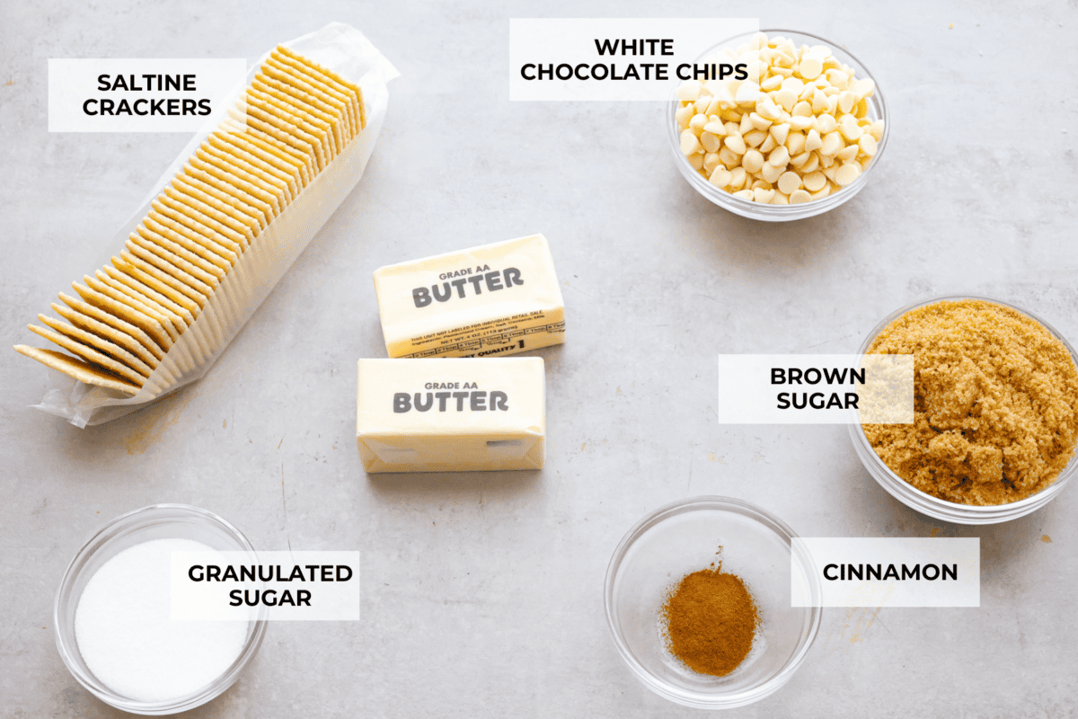 A top view photo of ingredients on a counter, each labeled. 