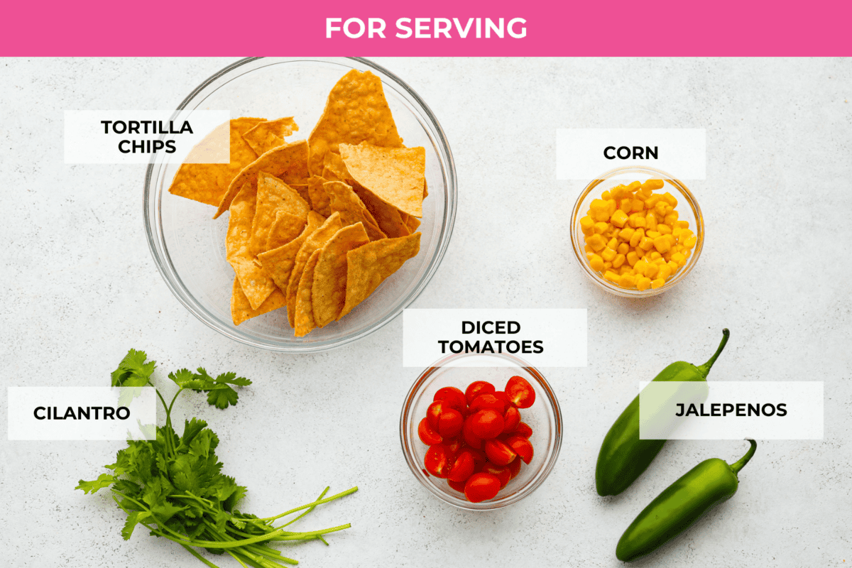 Top view of the individual garnish ingredients, each labeled. 