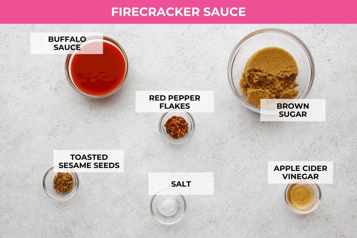 Overhead shot of labeled ingredients for sauce. 