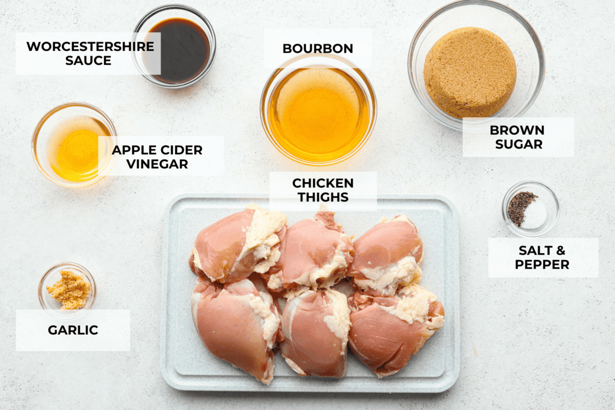 Top view of all of the ingredients measured out in individual bowls and labeled. 