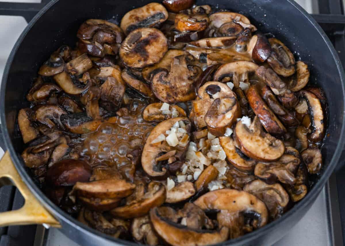 Mushrooms cooked on skillet. 