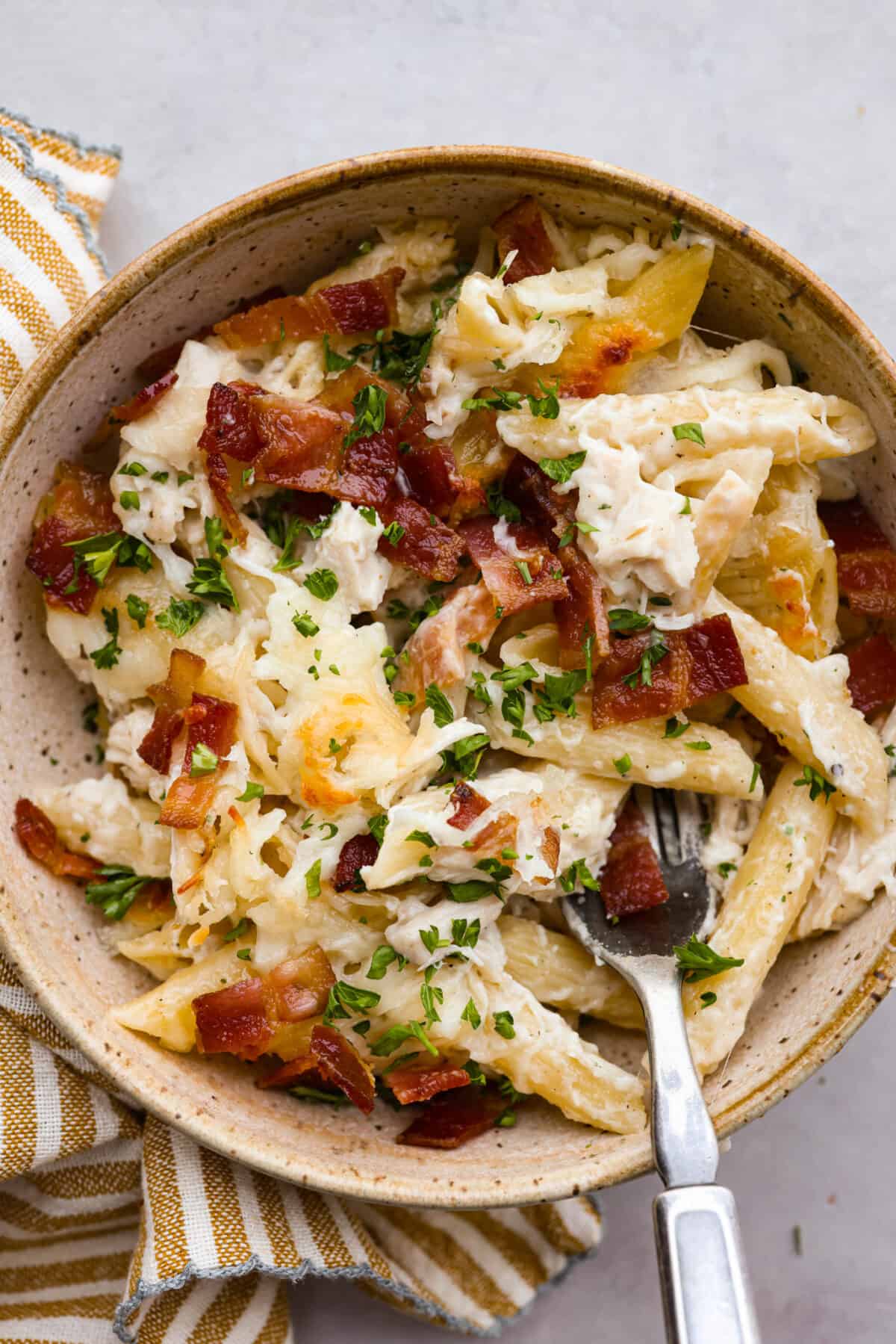 A bowl of chicken bacon ranch casserole. 