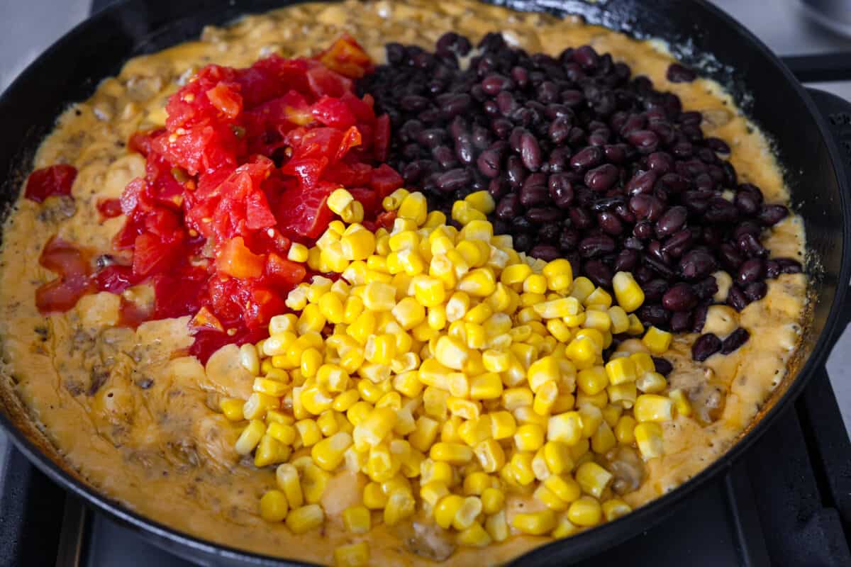 Veggies being added to the cowboy quest in the skillet. 