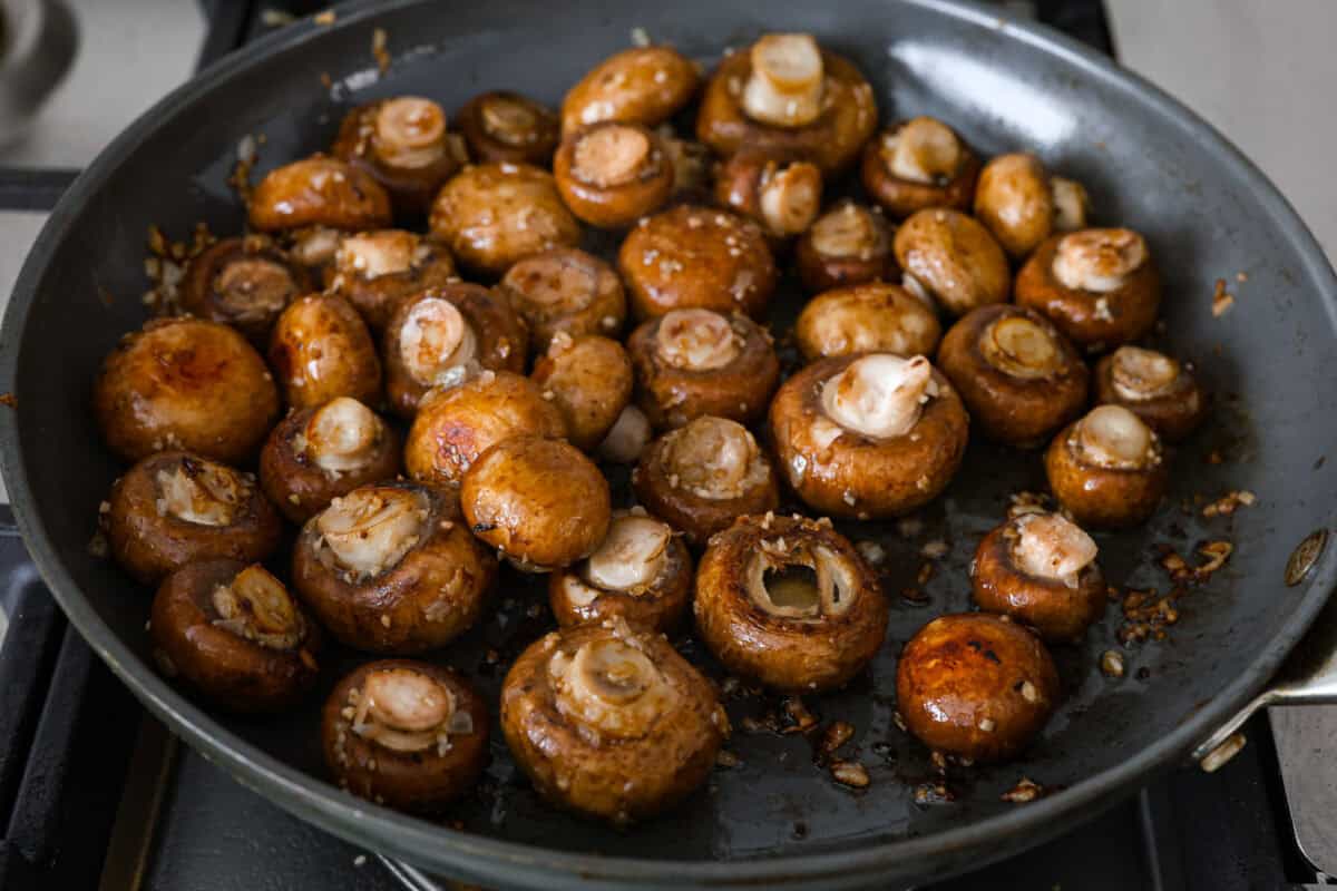 First photo of the mushrooms, onions, and garlic sautéing.