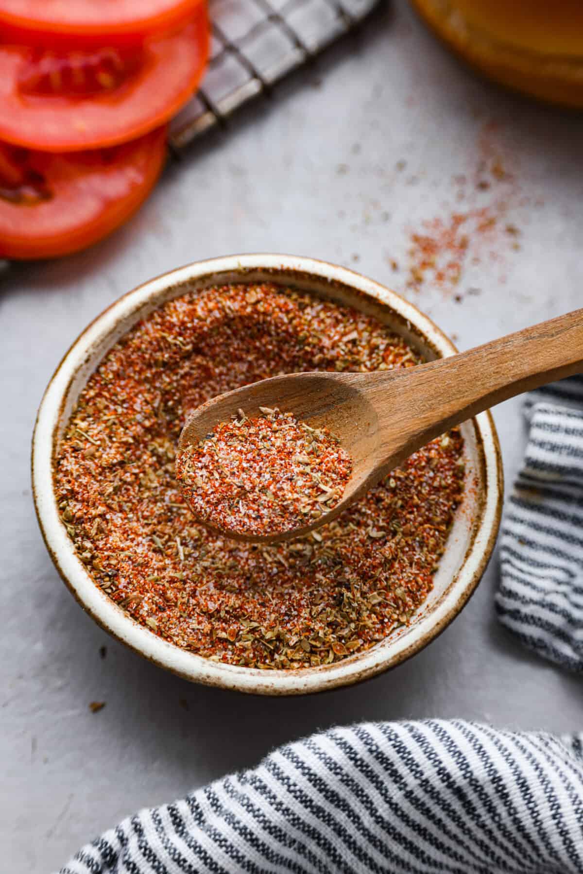 Closeup of burger seasoning in a bowl. 