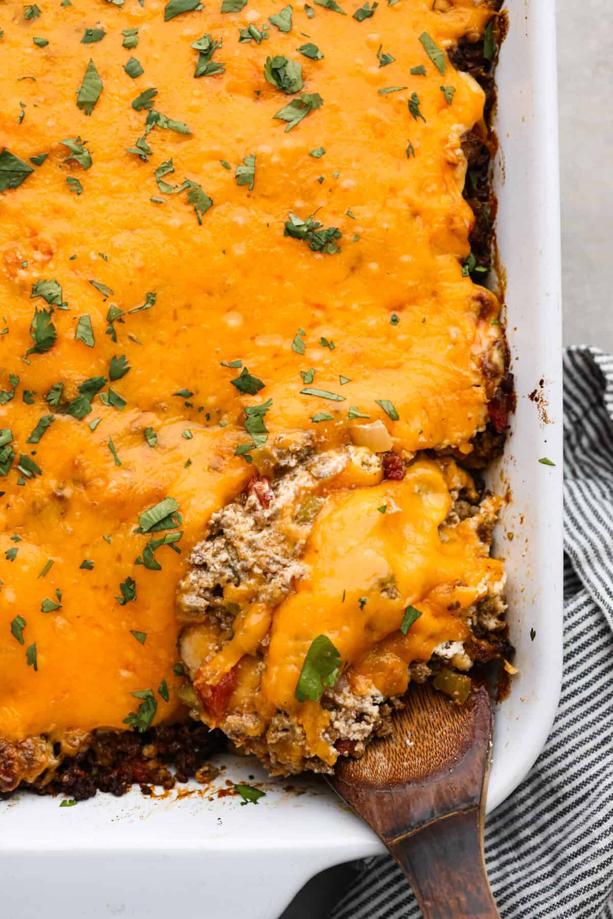 The top view of John Wayne Casserole in a baking dish. 