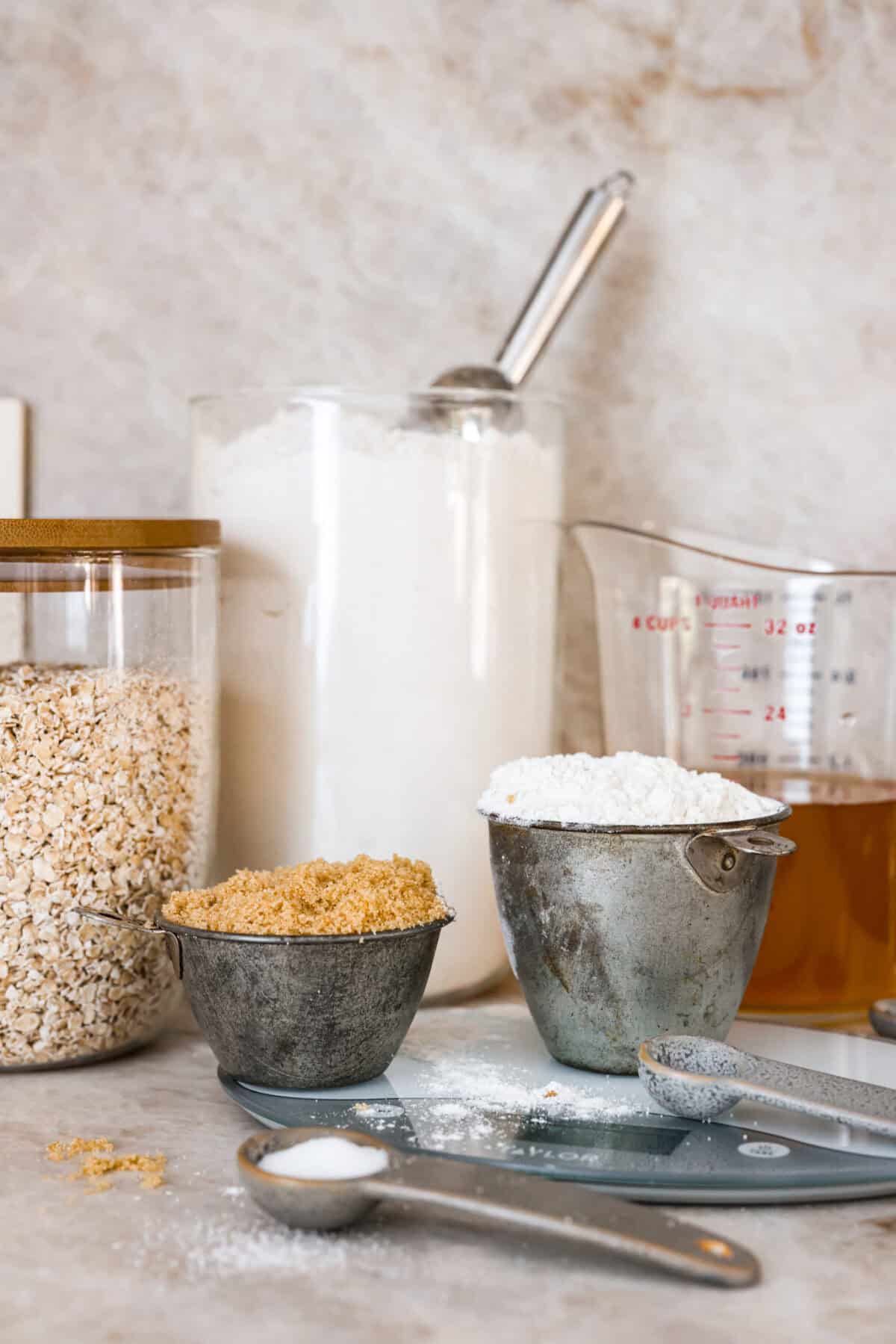 A picture of baking ingredients laid out on the counter. 