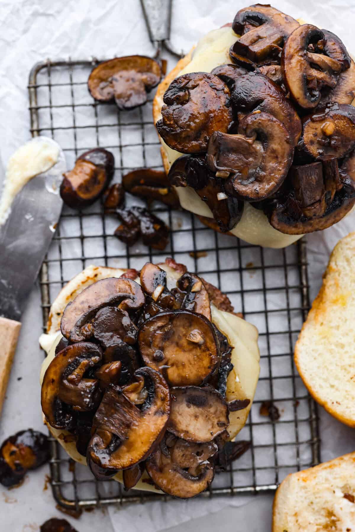 The top view of a mushroom burger without the top bun. 